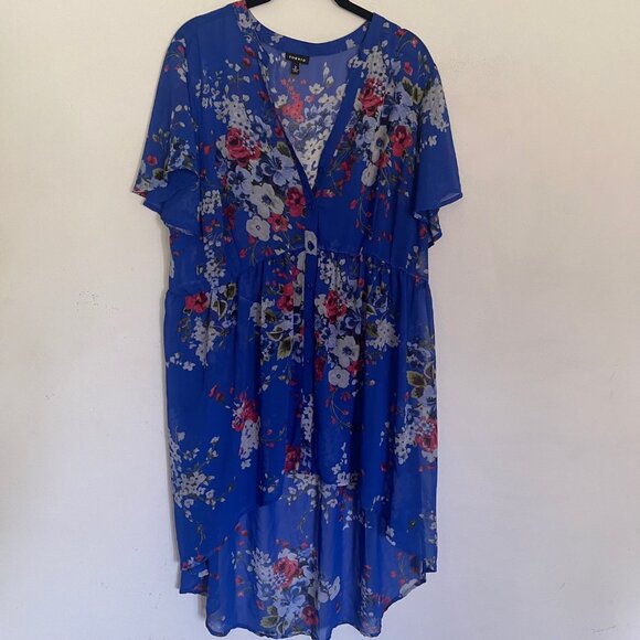 Torrid 2X Lexie Top Blue Floral Chiffon Babydoll Tunic Sheer Blouse Hi Low Z - Picture 1 of 10